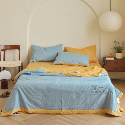 91家纺网 家纺一手货源 找家纺 北欧良品 2023新款大豆55%-40S水洗提花夏被 雾蓝+秋月黄