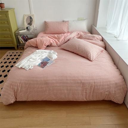 91家纺网 家纺一手货源 找家纺 北欧良品 2023新款AB版水洗棉四件套 粉小格+珊瑚粉