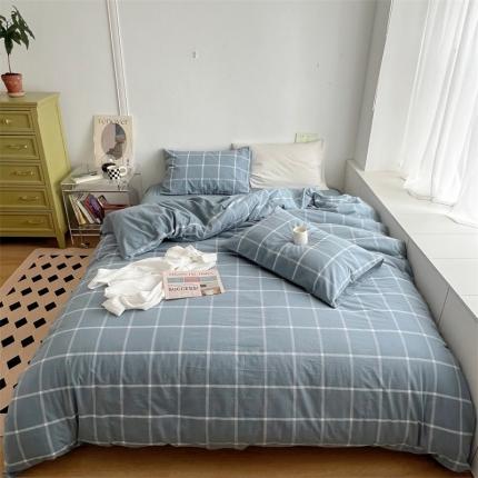 91家纺网 家纺一手货源 找家纺 北欧良品 2023新款AB版水洗棉四件套 海蓝大格+天青蓝