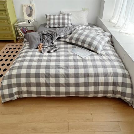 91家纺网 家纺一手货源 找家纺 北欧良品 2023新款AB版水洗棉四件套 灰中格+岩石灰