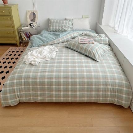 91家纺网 家纺一手货源 找家纺 北欧良品 2023新款AB版水洗棉四件套 简兮绿+竹青色