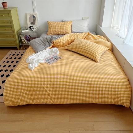 91家纺网 家纺一手货源 找家纺 北欧良品 2023新款AB版水洗棉四件套 姜黄小格+冰川灰
