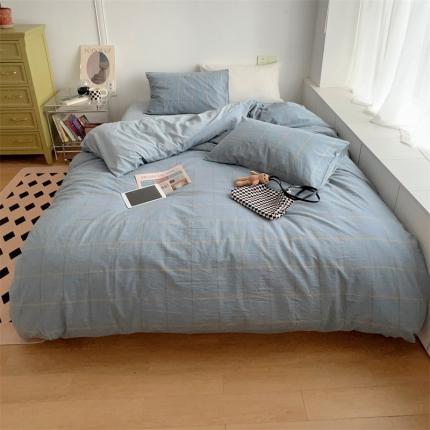 91家纺网 家纺一手货源 找家纺 北欧良品 2023新款AB版水洗棉四件套 金线格蓝+月白蓝