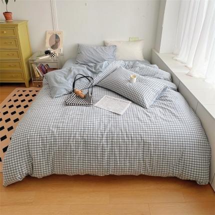 91家纺网 家纺一手货源 找家纺 北欧良品 2023新款AB版水洗棉四件套 蓝小格+月白蓝