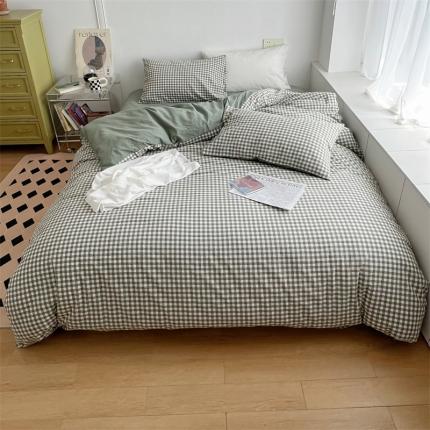 91家纺网 家纺一手货源 找家纺 北欧良品 2023新款AB版水洗棉四件套 绿小格+茶绿色