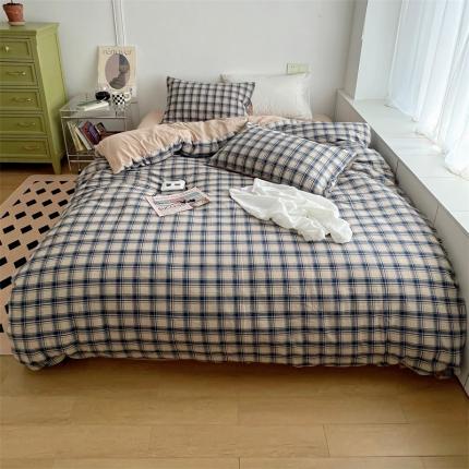 91家纺网 家纺一手货源 找家纺 北欧良品 2023新款AB版水洗棉四件套 米兰格+米杏色