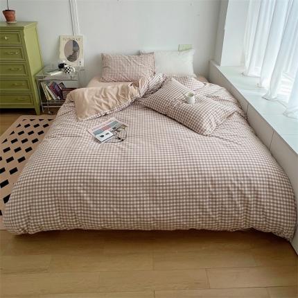 91家纺网 家纺一手货源 找家纺 北欧良品 2023新款AB版水洗棉四件套 米小格+米杏色