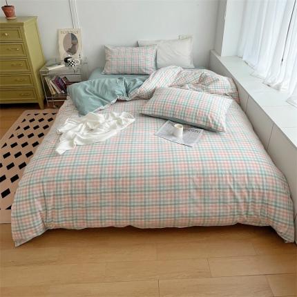 91家纺网 家纺一手货源 找家纺 北欧良品 2023新款AB版水洗棉四件套 冰淇淋格+竹青色