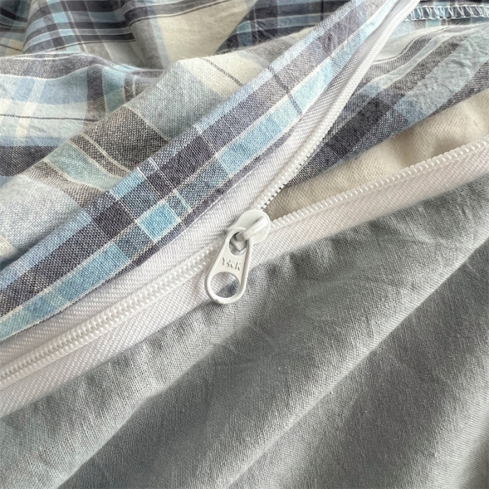 91家纺网 家纺一手货源 找家纺 北欧良品 2023新款AB版水洗棉四件套 春彩蓝格+月白蓝