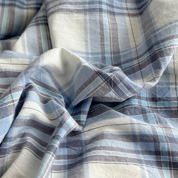 91家纺网 家纺一手货源 找家纺 北欧良品 2023新款AB版水洗棉四件套 春彩蓝格+月白蓝