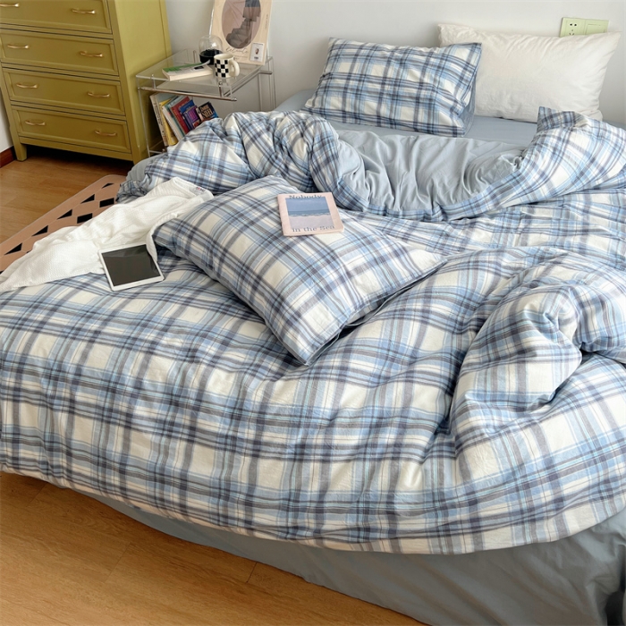 91家纺网 家纺一手货源 找家纺 北欧良品 2023新款AB版水洗棉四件套 春彩蓝格+月白蓝