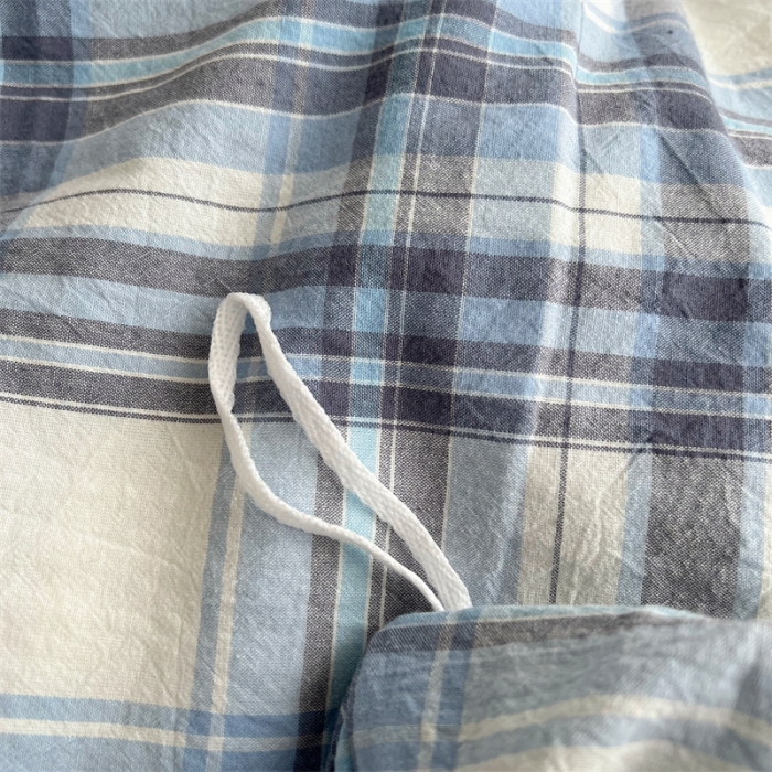 91家纺网 家纺一手货源 找家纺 北欧良品 2023新款AB版水洗棉四件套 春彩蓝格+月白蓝