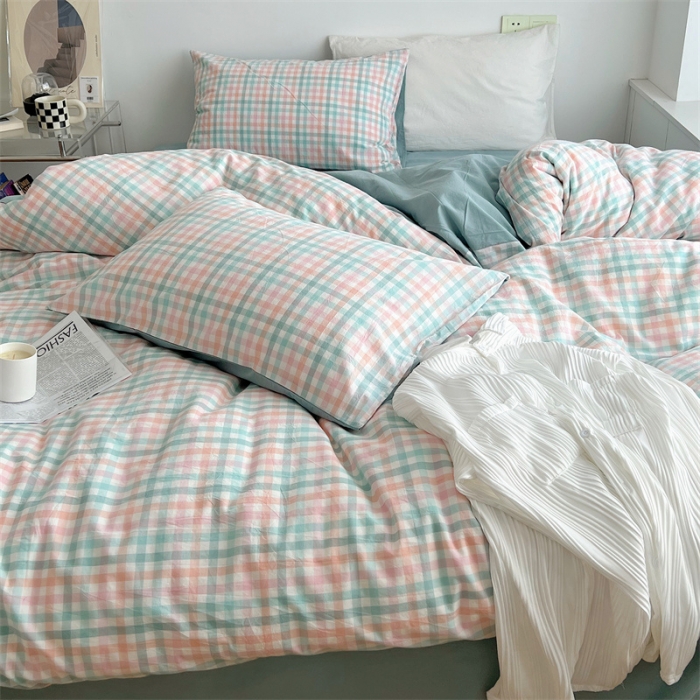 91家纺网 家纺一手货源 找家纺 北欧良品 2023新款AB版水洗棉四件套 冰淇淋格+竹青色