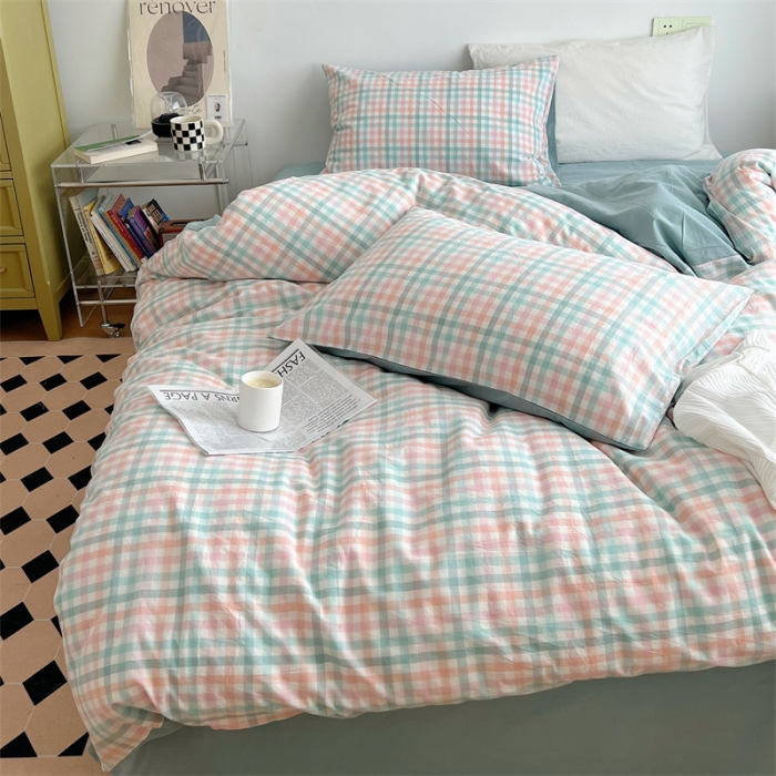 91家纺网 家纺一手货源 找家纺 北欧良品 2023新款AB版水洗棉四件套 冰淇淋格+竹青色