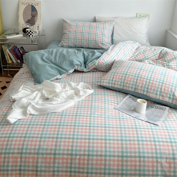 91家纺网 家纺一手货源 找家纺 北欧良品 2023新款AB版水洗棉四件套 冰淇淋格+竹青色