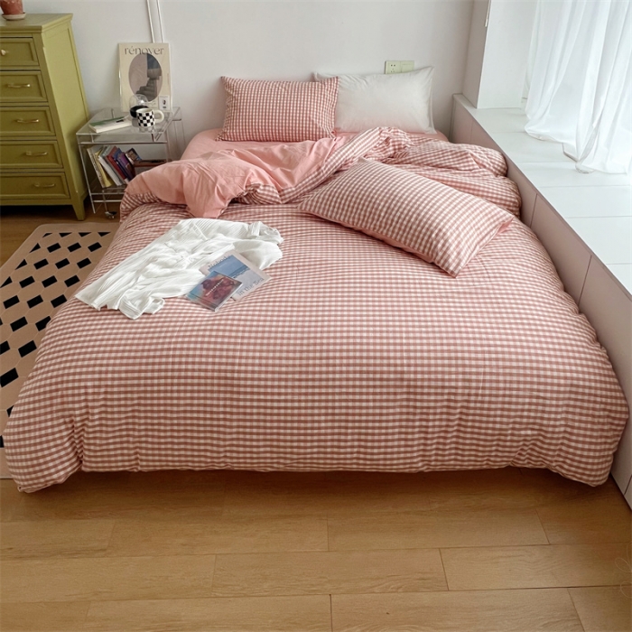 91家纺网 家纺一手货源 找家纺 北欧良品 2023新款AB版水洗棉四件套 粉小格+珊瑚粉