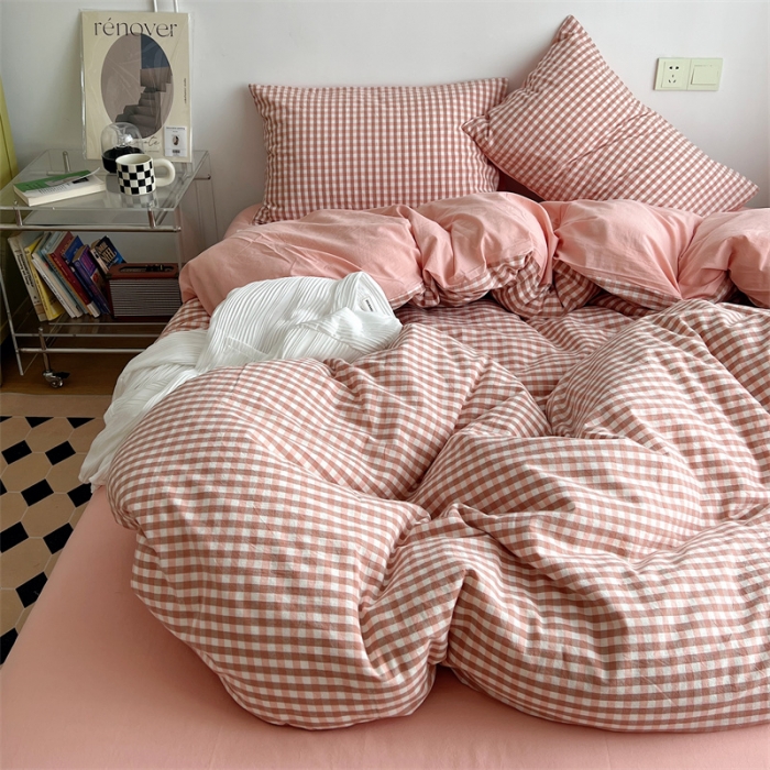 91家纺网 家纺一手货源 找家纺 北欧良品 2023新款AB版水洗棉四件套 粉小格+珊瑚粉