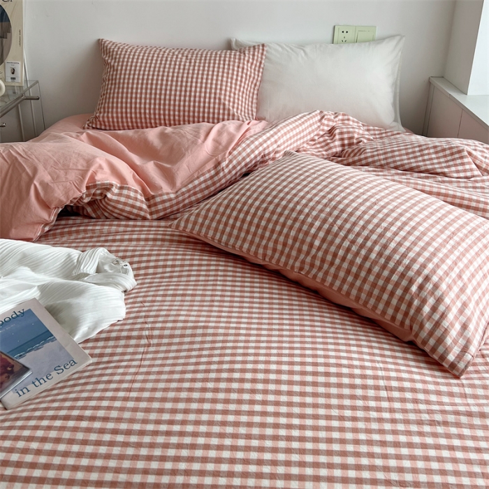 91家纺网 家纺一手货源 找家纺 北欧良品 2023新款AB版水洗棉四件套 粉小格+珊瑚粉