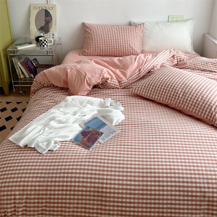 91家纺网 家纺一手货源 找家纺 北欧良品 2023新款AB版水洗棉四件套 粉小格+珊瑚粉