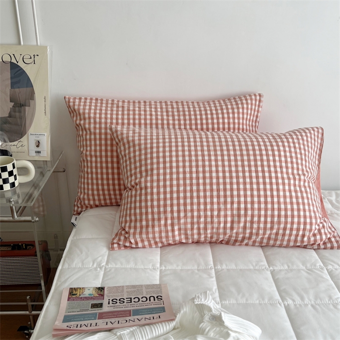 91家纺网 家纺一手货源 找家纺 北欧良品 2023新款AB版水洗棉四件套 粉小格+珊瑚粉