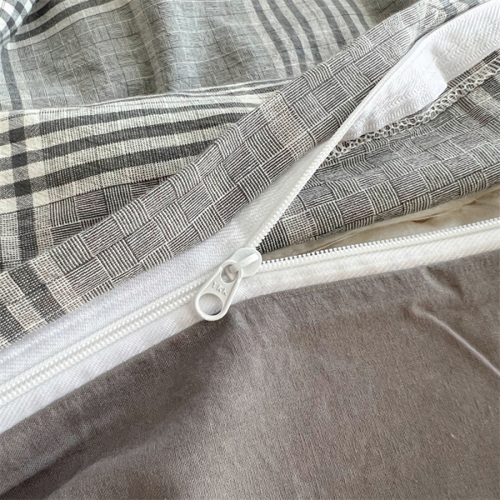 91家纺网 家纺一手货源 找家纺 北欧良品 2023新款AB版水洗棉四件套 格纹灰+岩石灰