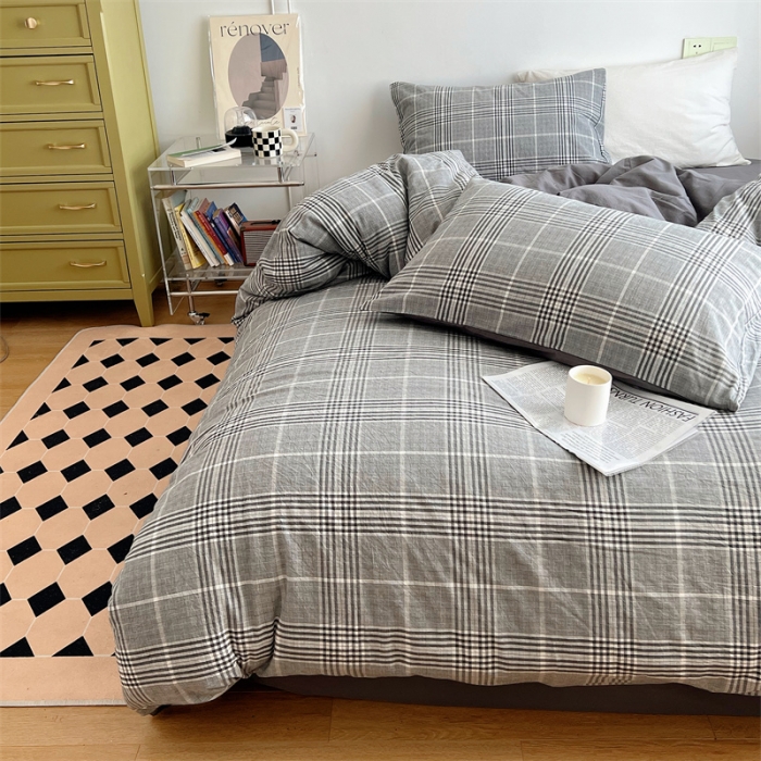 91家纺网 家纺一手货源 找家纺 北欧良品 2023新款AB版水洗棉四件套 格纹灰+岩石灰