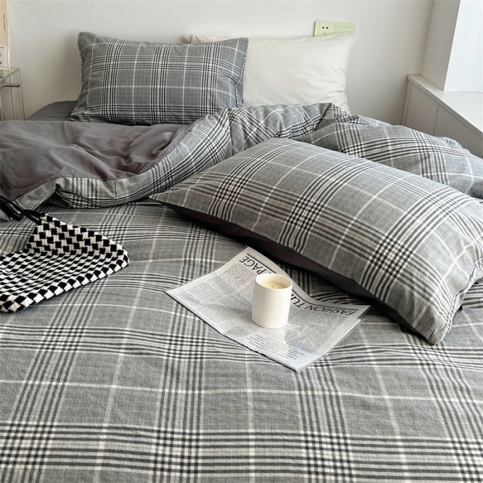 91家纺网 家纺一手货源 找家纺 北欧良品 2023新款AB版水洗棉四件套 格纹灰+岩石灰