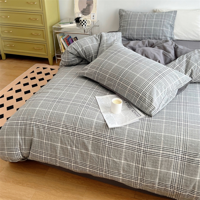 91家纺网 家纺一手货源 找家纺 北欧良品 2023新款AB版水洗棉四件套 格纹灰+岩石灰