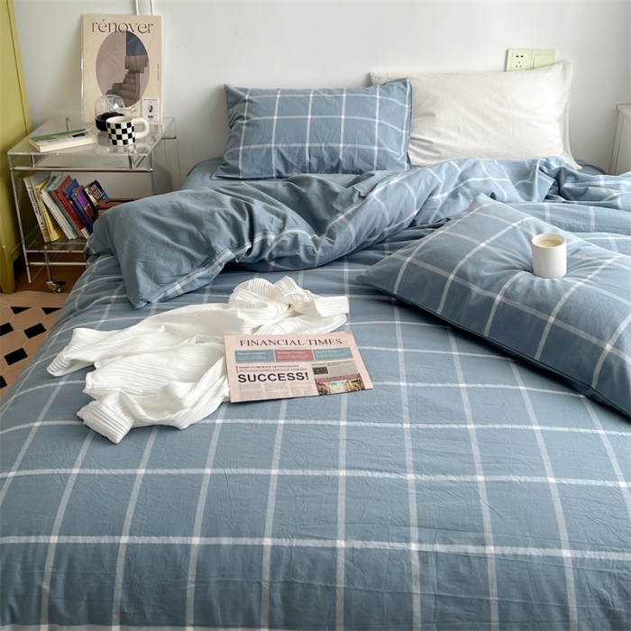 91家纺网 家纺一手货源 找家纺 北欧良品 2023新款AB版水洗棉四件套 海蓝大格+天青蓝