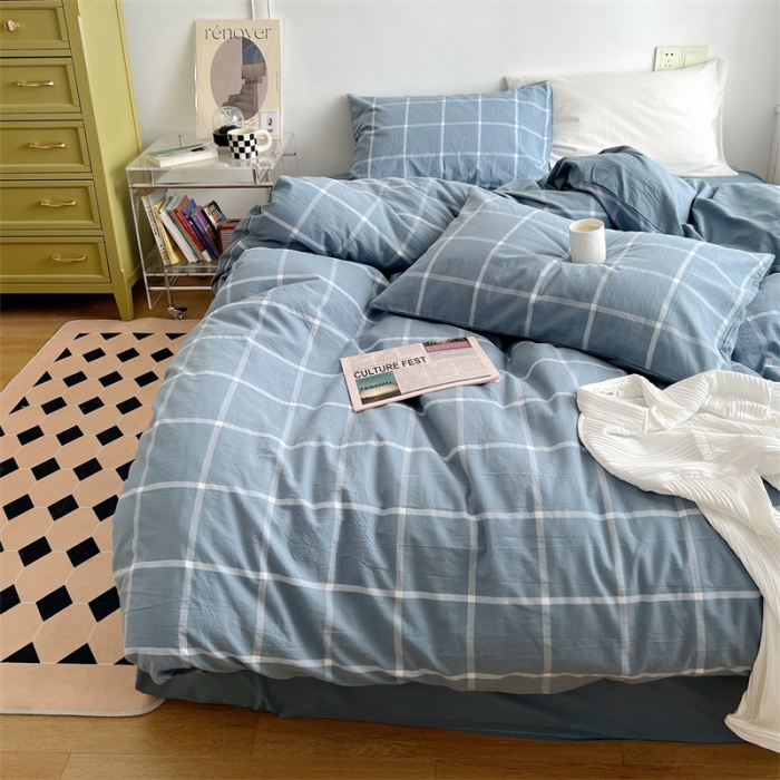 91家纺网 家纺一手货源 找家纺 北欧良品 2023新款AB版水洗棉四件套 海蓝大格+天青蓝