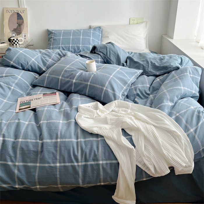 91家纺网 家纺一手货源 找家纺 北欧良品 2023新款AB版水洗棉四件套 海蓝大格+天青蓝