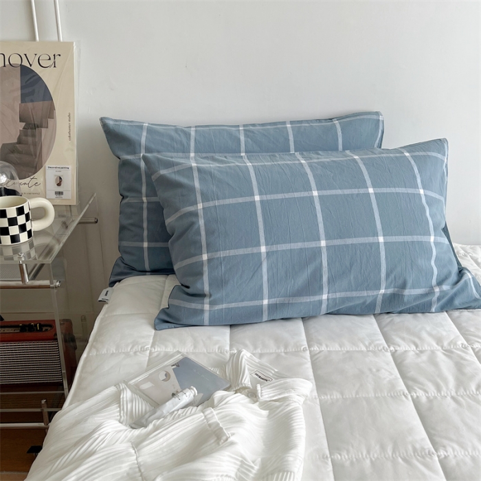 91家纺网 家纺一手货源 找家纺 北欧良品 2023新款AB版水洗棉四件套 海蓝大格+天青蓝