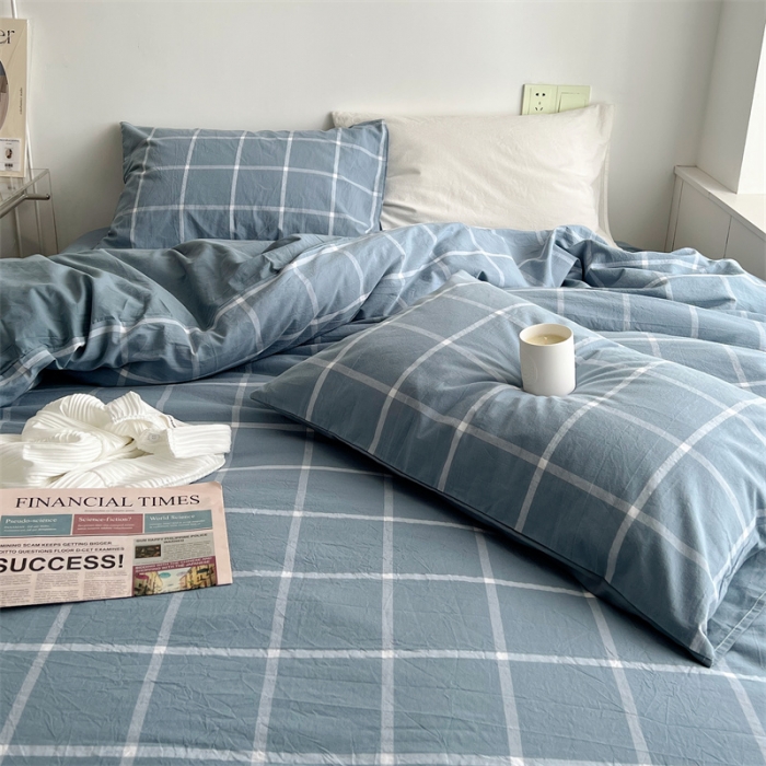 91家纺网 家纺一手货源 找家纺 北欧良品 2023新款AB版水洗棉四件套 海蓝大格+天青蓝