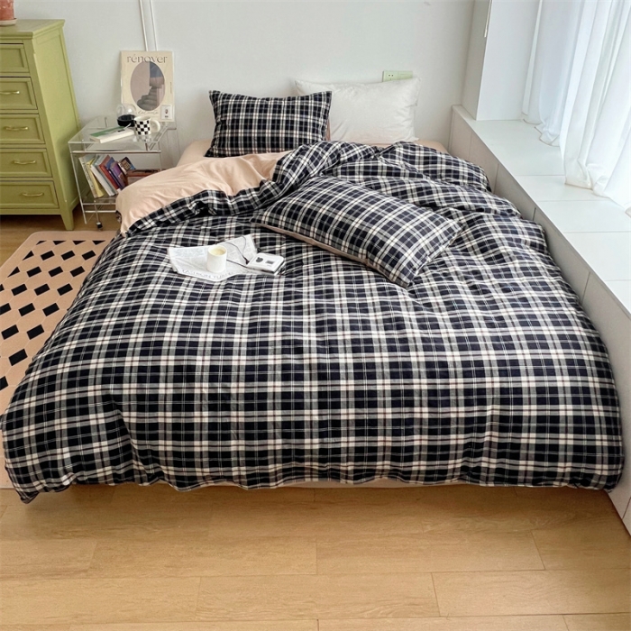 91家纺网 家纺一手货源 找家纺 北欧良品 2023新款AB版水洗棉四件套 黑灰格+米杏色