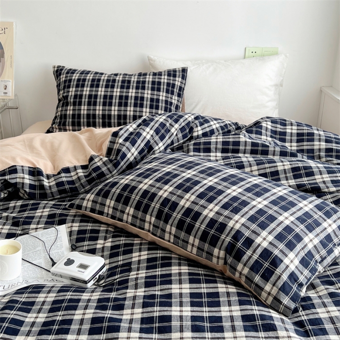 91家纺网 家纺一手货源 找家纺 北欧良品 2023新款AB版水洗棉四件套 黑灰格+米杏色