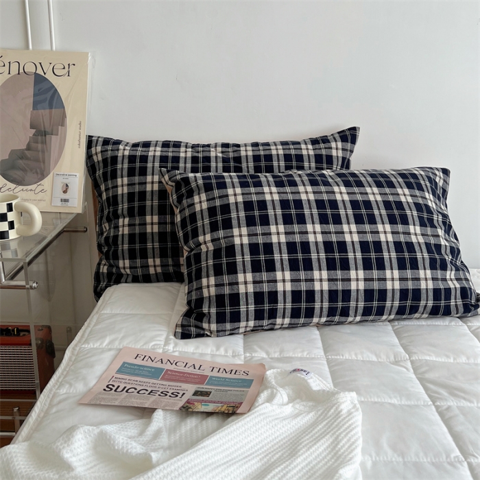 91家纺网 家纺一手货源 找家纺 北欧良品 2023新款AB版水洗棉四件套 黑灰格+米杏色