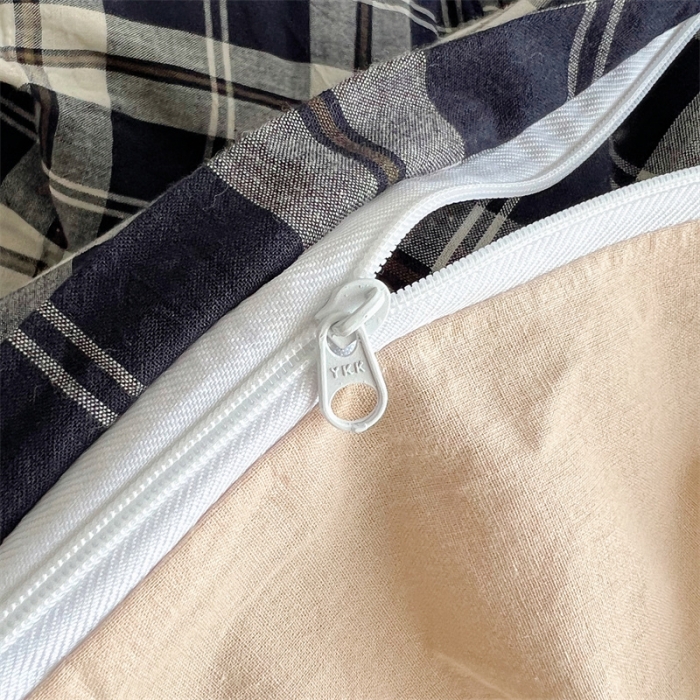 91家纺网 家纺一手货源 找家纺 北欧良品 2023新款AB版水洗棉四件套 黑灰格+米杏色