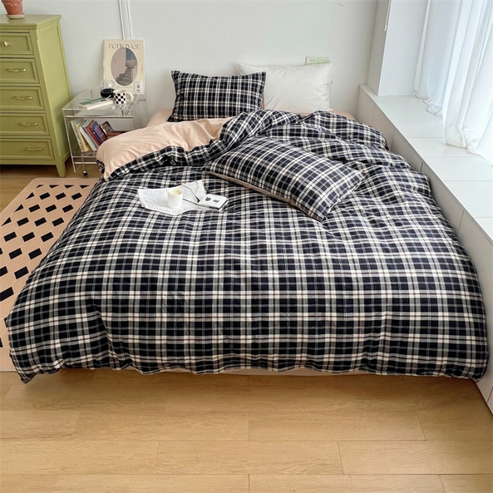 91家纺网 家纺一手货源 找家纺 北欧良品 2023新款AB版水洗棉四件套 黑灰格+米杏色