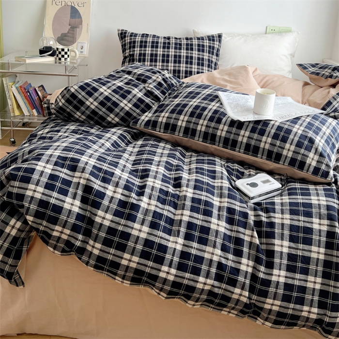 91家纺网 家纺一手货源 找家纺 北欧良品 2023新款AB版水洗棉四件套 黑灰格+米杏色