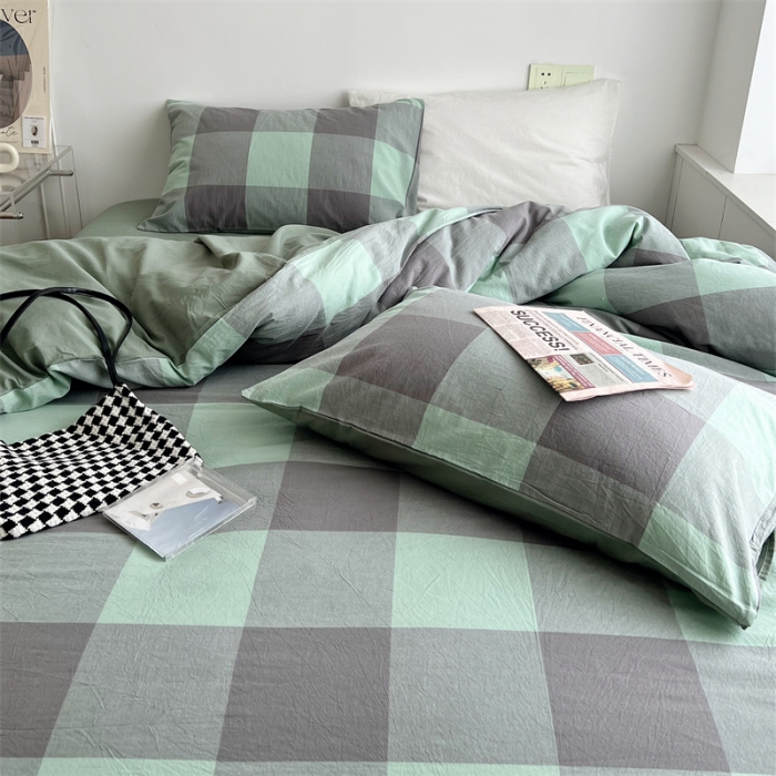 91家纺网 家纺一手货源 找家纺 北欧良品 2023新款AB版水洗棉四件套 灰绿大格+茶绿色
