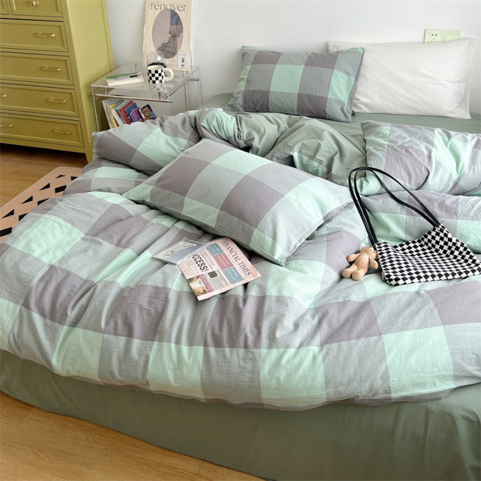 91家纺网 家纺一手货源 找家纺 北欧良品 2023新款AB版水洗棉四件套 灰绿大格+茶绿色