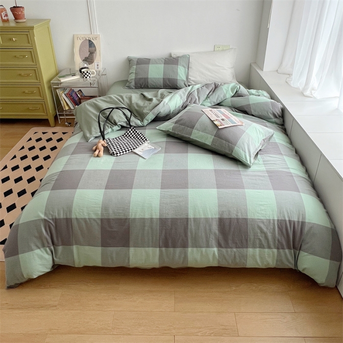 91家纺网 家纺一手货源 找家纺 北欧良品 2023新款AB版水洗棉四件套 灰绿大格+茶绿色