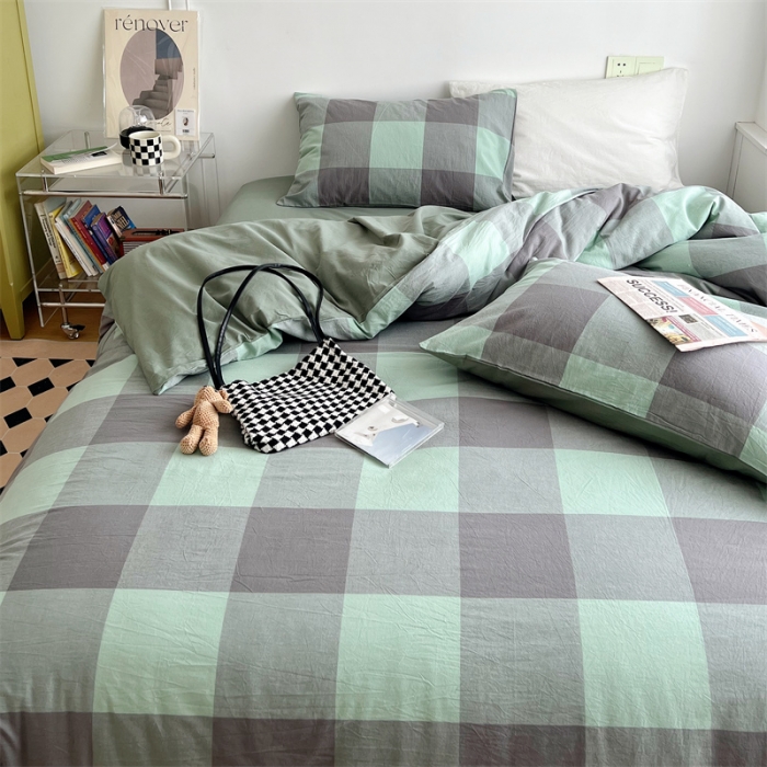 91家纺网 家纺一手货源 找家纺 北欧良品 2023新款AB版水洗棉四件套 灰绿大格+茶绿色
