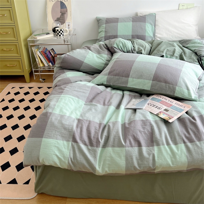 91家纺网 家纺一手货源 找家纺 北欧良品 2023新款AB版水洗棉四件套 灰绿大格+茶绿色