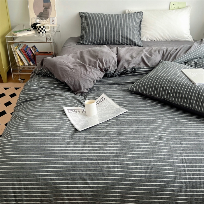 91家纺网 家纺一手货源 找家纺 北欧良品 2023新款AB版水洗棉四件套 灰细条+岩石灰