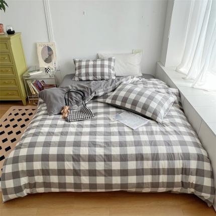 北欧良品 2023新款AB版水洗棉四件套 灰中格+岩石灰