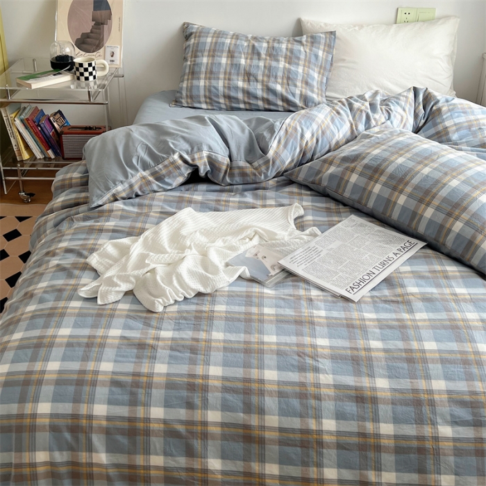 91家纺网 家纺一手货源 找家纺 北欧良品 2023新款AB版水洗棉四件套 简兮蓝+月白蓝