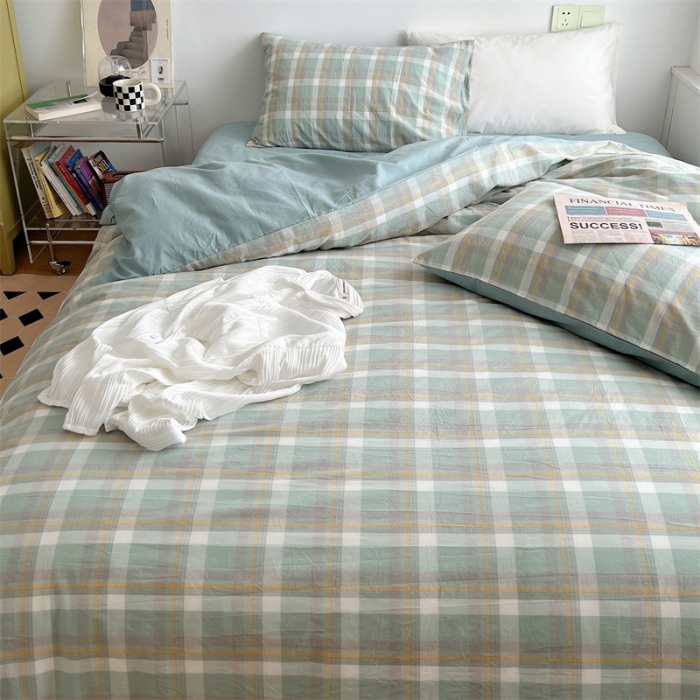 91家纺网 家纺一手货源 找家纺 北欧良品 2023新款AB版水洗棉四件套 简兮绿+竹青色