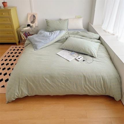 北欧良品 2023新款AB版水洗棉四件套 蓝黄小格+月白蓝