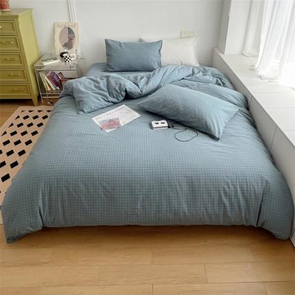 北欧良品 2023新款AB版水洗棉四件套 雾蓝格+天青蓝